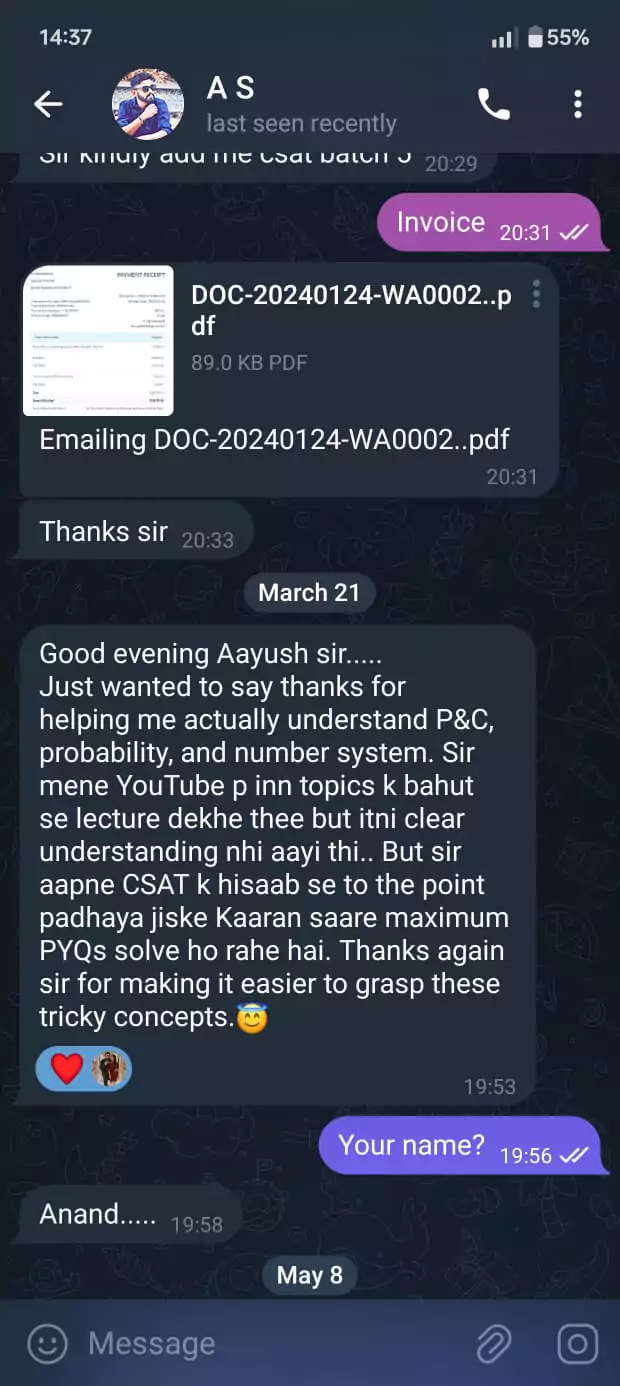 Screenshot of student testimonial